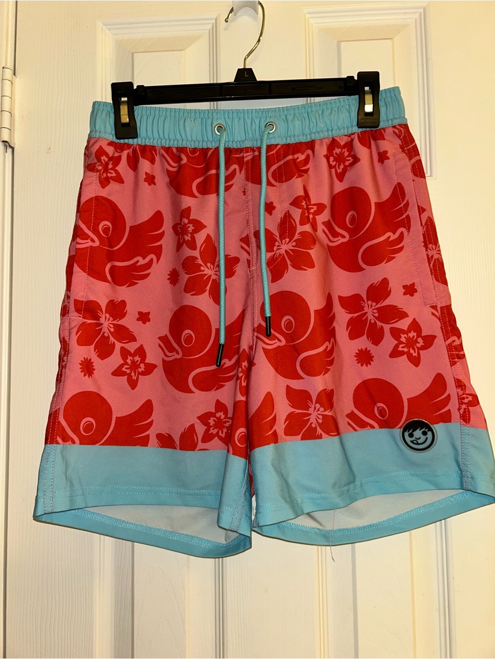 NWOT Neff Pink & Red Floral Duck Swim Shorts with Light Blue Trim